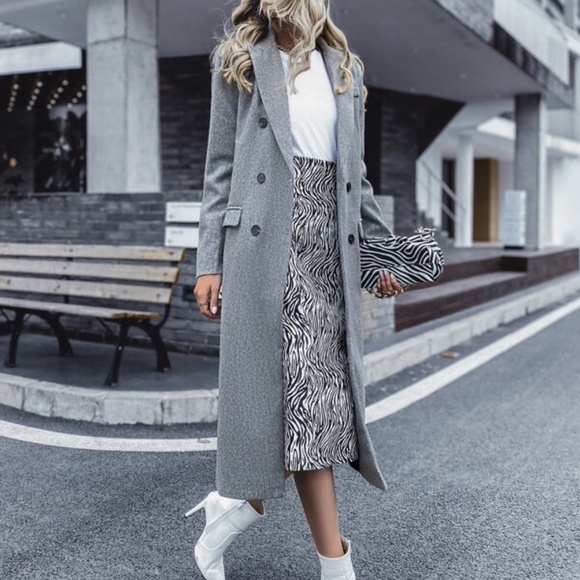 Classic Grey Button up Double Breasted Long Jacket Coat - Picture 4 of 6